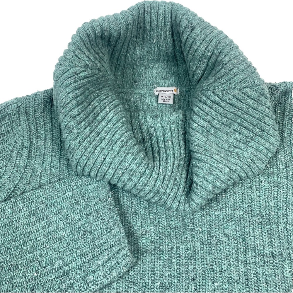 Carhartt Cowl Neck Sweater Women’s Medium Teal Chunky Knit Elbow Patch Relaxed